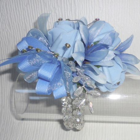 Baby Blue Rose Bud & Crystal Wrist Corsage